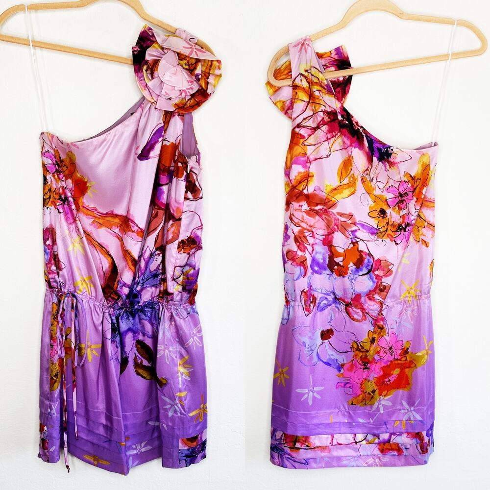 Ali Ro Silk Floral Watercolor One Shoulder Drawstring Drop Waist Mini Dress 8
